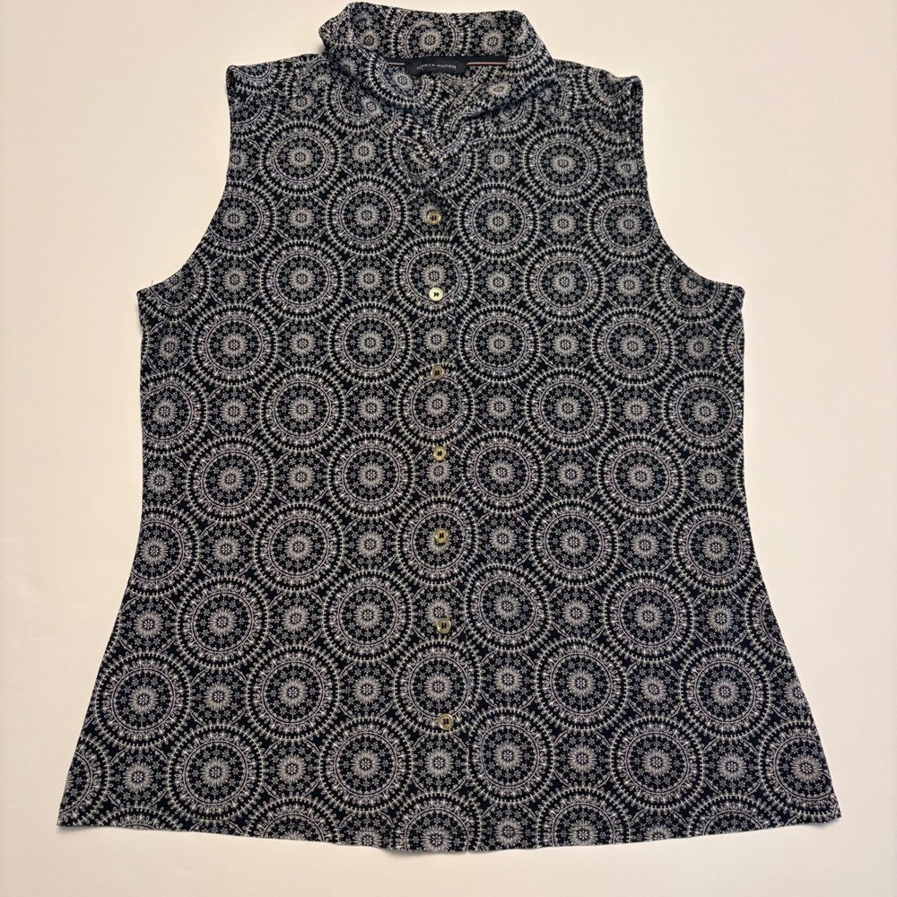 Tommy Hilfiger Sleeveless Top Womens M Navy Blue Geometric Mandala Print Blouse